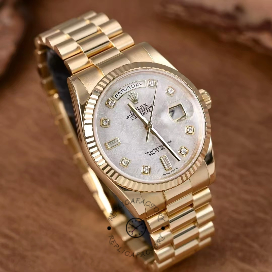 Rolex Day-Date 118238 Yellow Gold Diamond Meteorite Dial 36mm Unisex Replica Watch