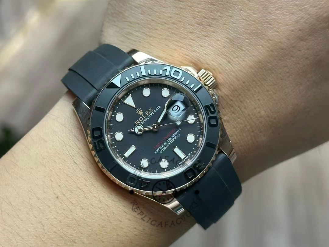 Rolex Yacht-Master 116655, wrist shot showing black dial and bezel on Oysterflex strap.