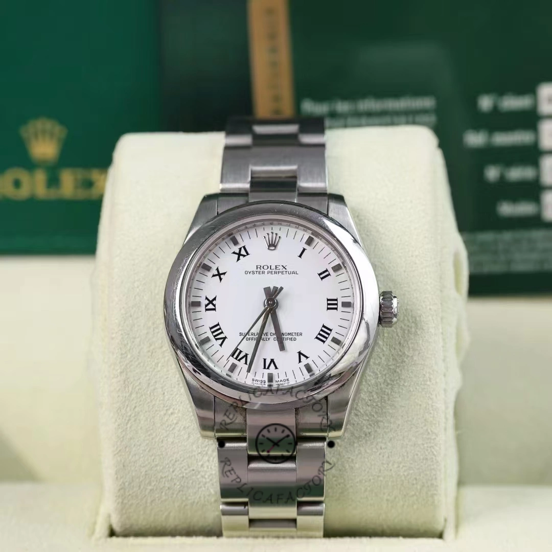 Rolex Oyster Perpetual 177200 box display, white Roman dial on cushion, front angle.