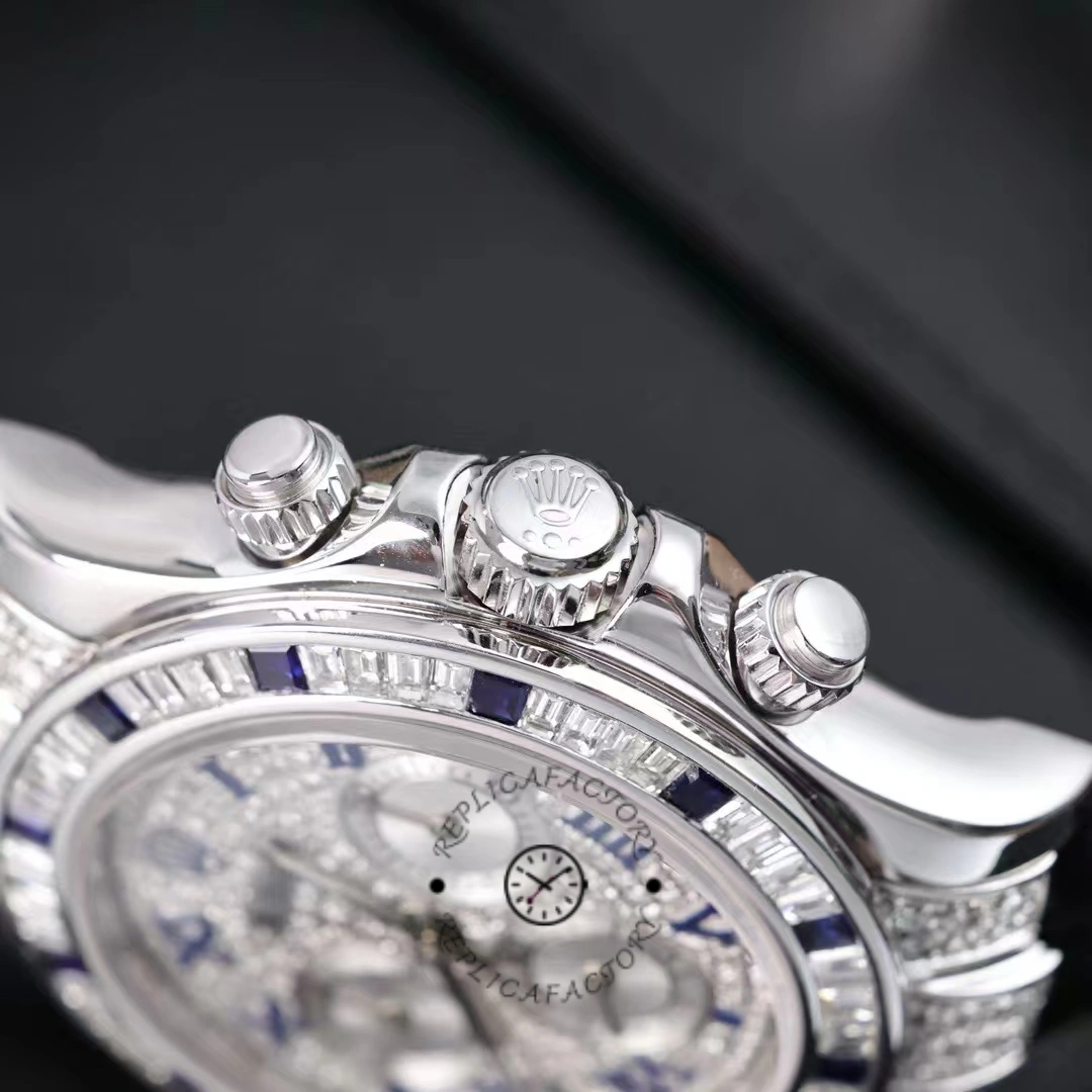 Crown-side close-up of Rolex Daytona 116599 showing pushers and diamond-set case.
