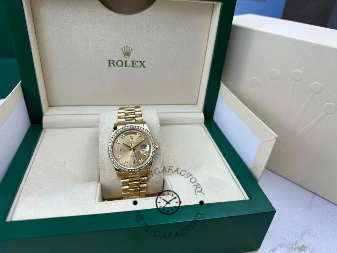 Rolex Day Date 118348 Champagne diamond Dial Yellow Gold 36mm Unisex Replica Watch