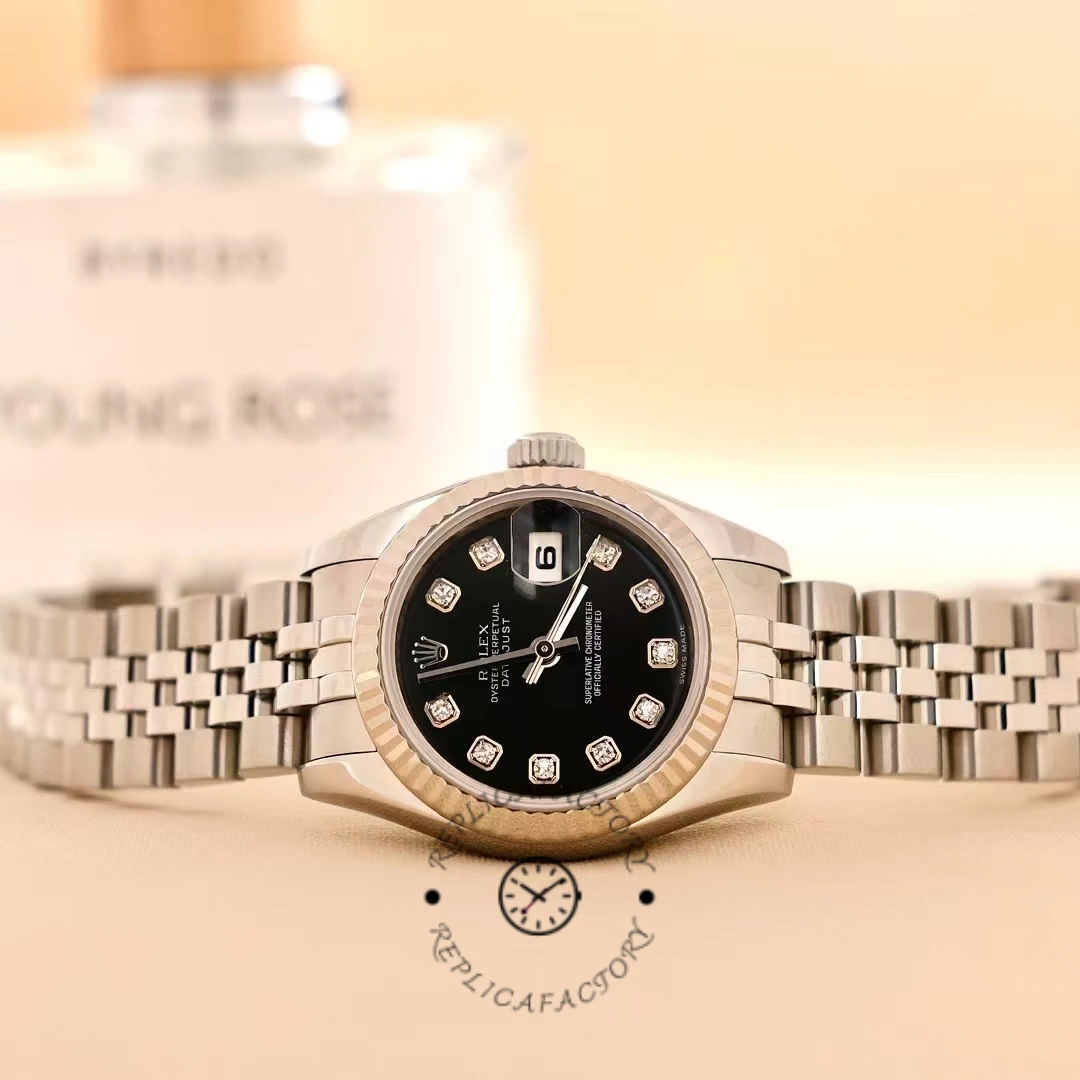 Rolex Datejust 179174 Black Diamond Dial Fluted Bezel 26MM Lady Replica Watch