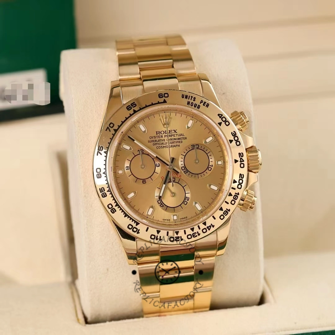 Rolex Daytona 116508 on stand, front view in warm light, champagne dial highlighted.