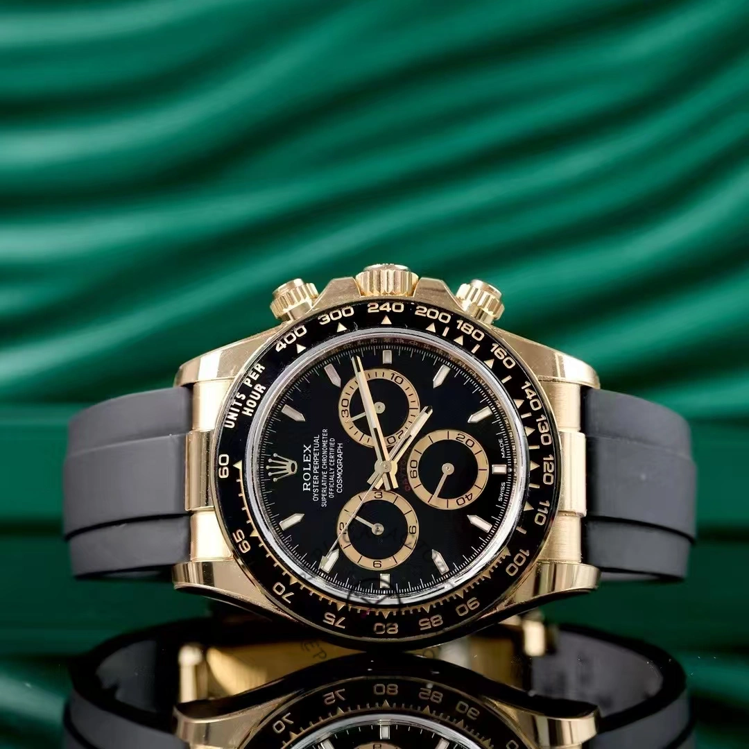 Rolex Daytona 126518LN on green background, front view, black dial and gold accents.