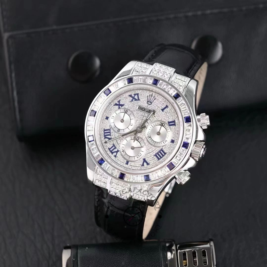 Three-quarter view of Rolex Daytona 116599 showing case shape and diamond-set bezel.