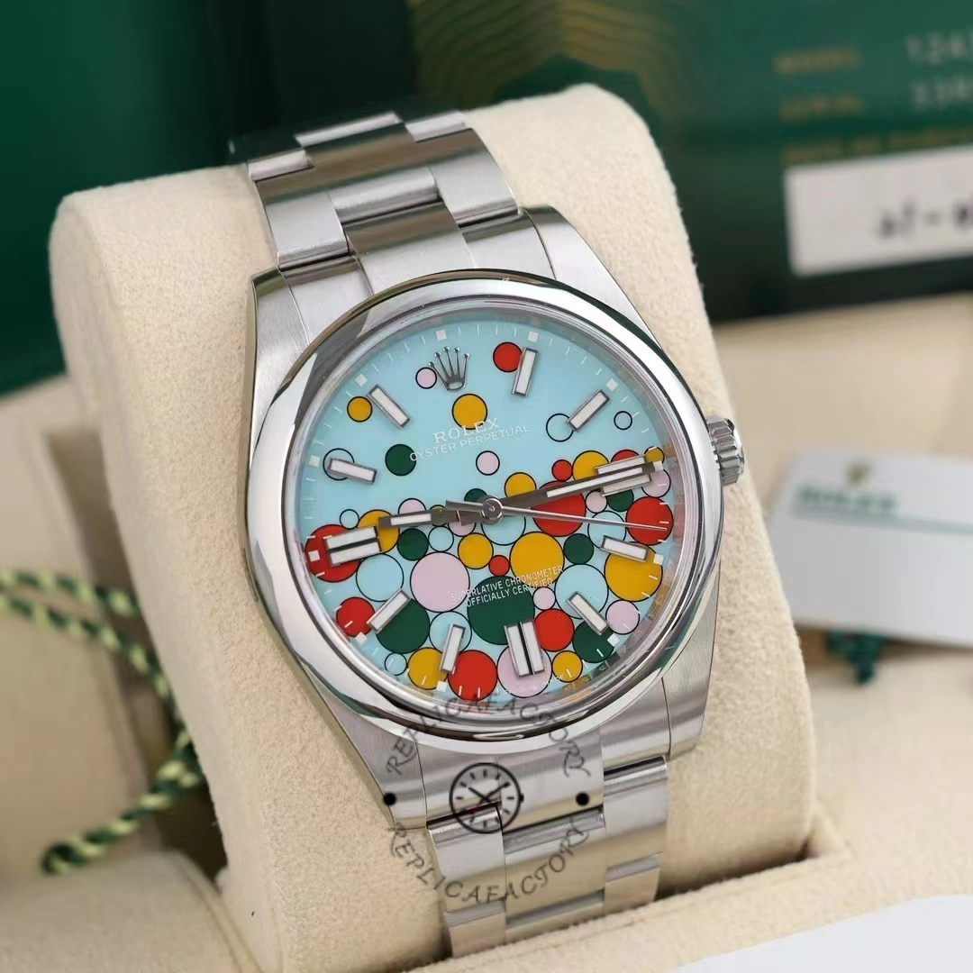 Rolex Oyster Perpetual 41 m124300-0008 on cushion, full watch front view, balloon dial.