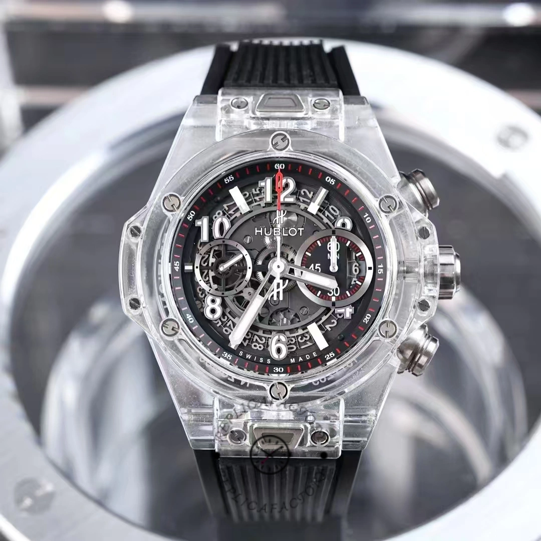 Close-up dial view of Hublot Big Bang Unico 411.JX.1170.RX showing skeleton movement and red accents.