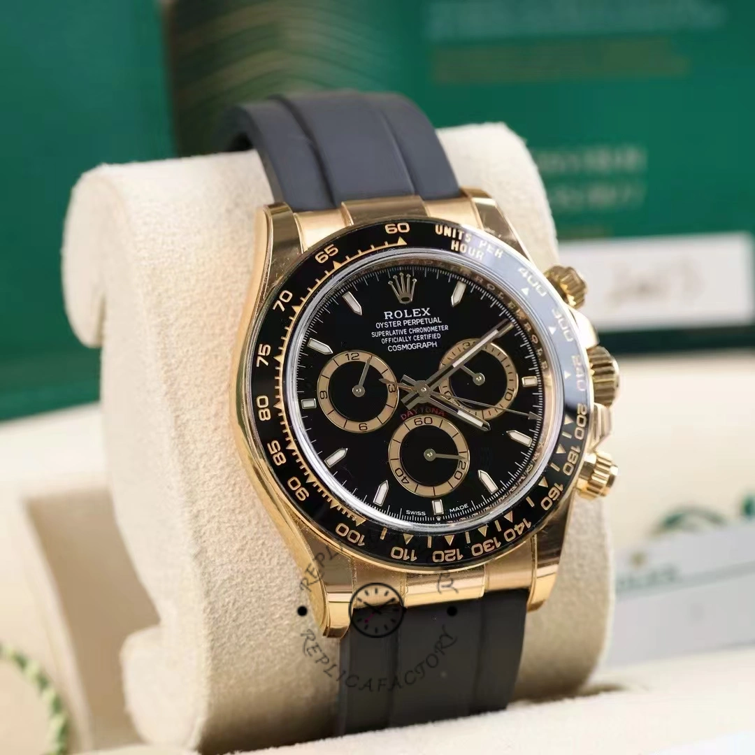 Rolex Daytona 126518LN on cushion, full watch view, black dial and Oysterflex strap.
