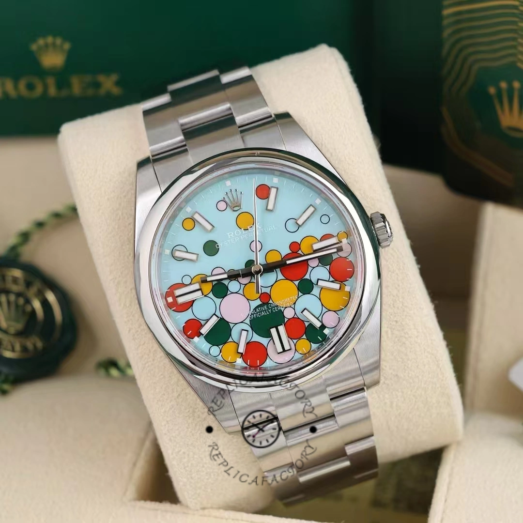 Rolex Oyster Perpetual 41 m124300-0008 in box, front view with balloon blue dial.