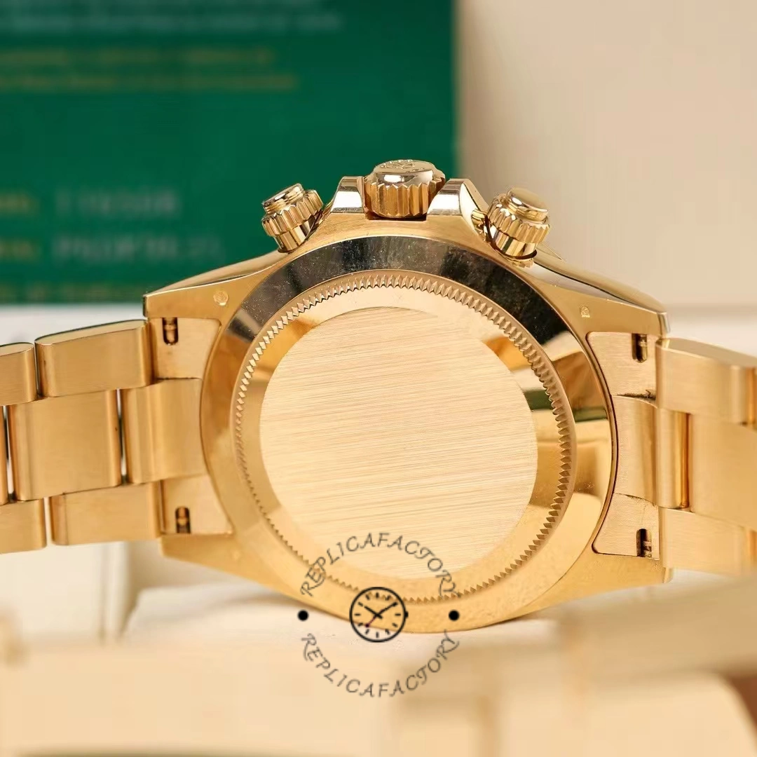 Rolex Daytona 116508 case back view, smooth gold back and bracelet shown.