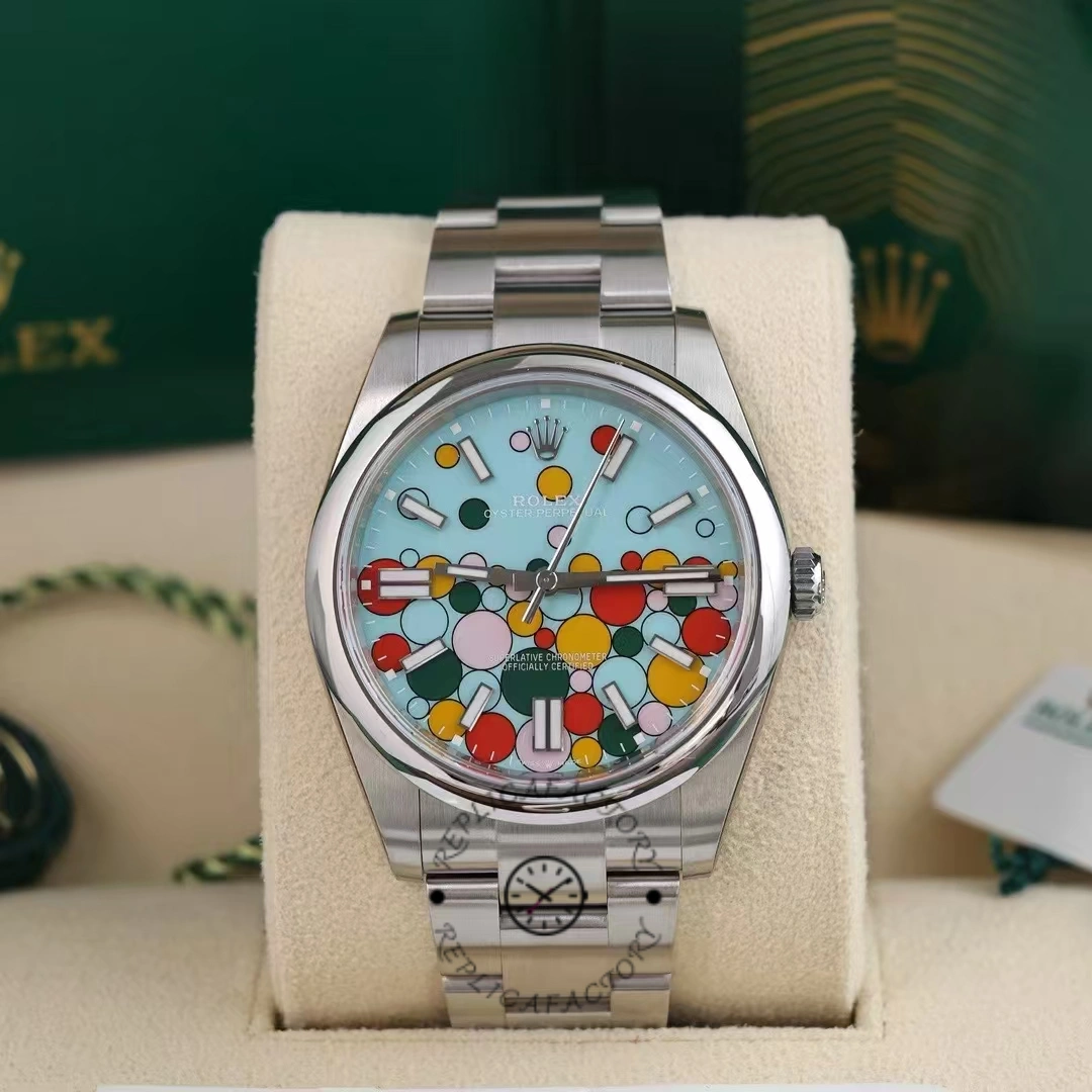 Rolex Oyster Perpetual 41 m124300-0008 on cushion, balloon blue dial, front view.