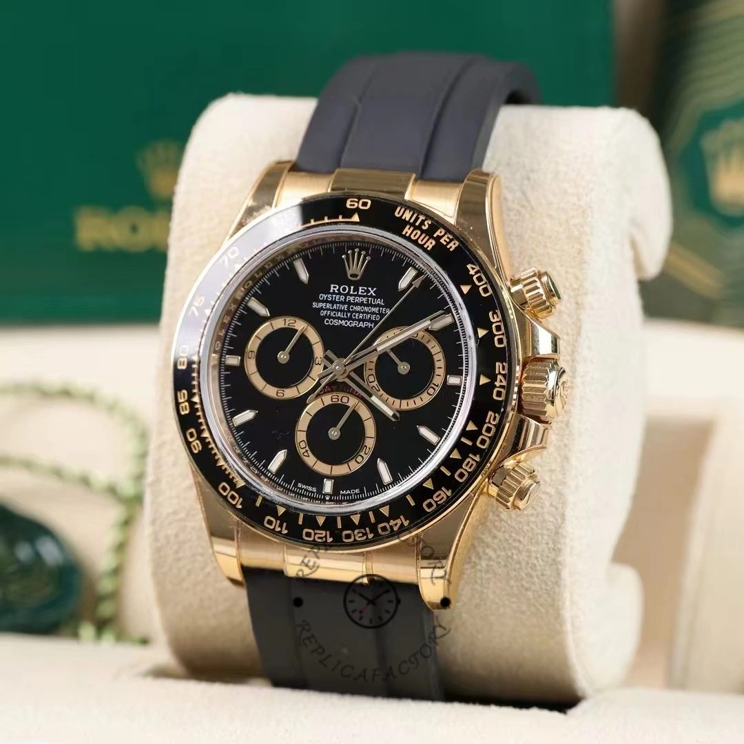 Rolex Daytona 126518LN angled view on stand, black dial, yellow gold case and bezel.