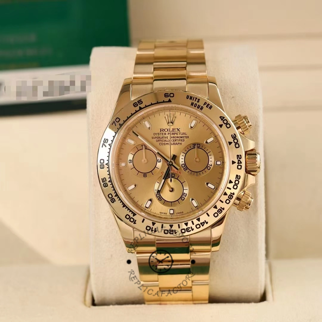 Rolex Daytona 116508 on stand, front view, champagne dial and gold tachymeter bezel.