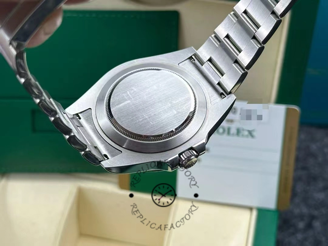 Caseback view of the Rolex Explorer II m226570 0001, showing solid back and bracelet end links.