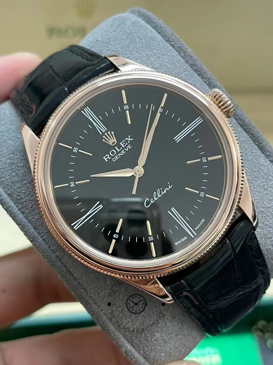 Rolex Cellini Time 50505 Black Leather Strap Black Dial 39mm Mens Replica Watch