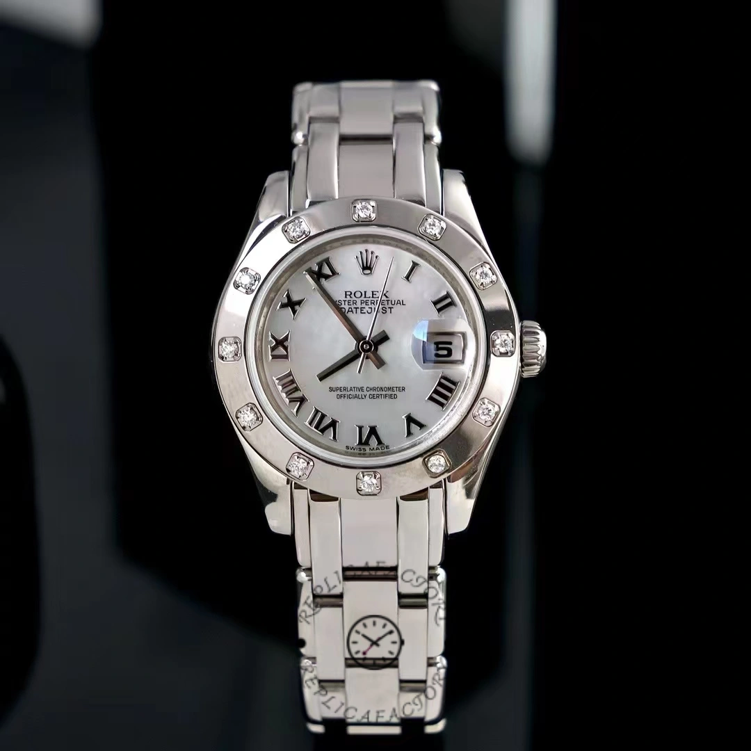 Studio front view of Rolex Pearlmaster 80319 showing MOP dial and diamond bezel sparkle.