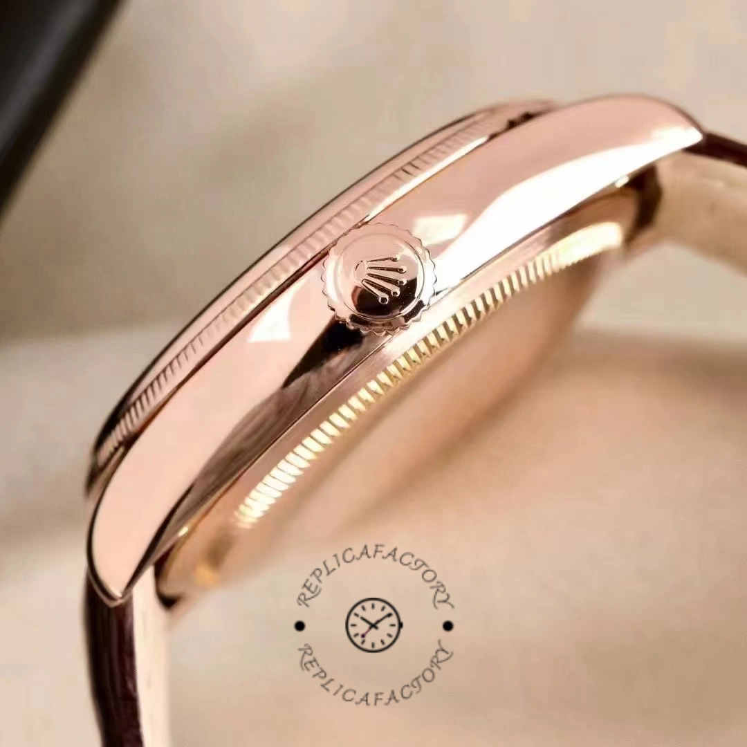 Rolex Cellini Dual Time 50525, side profile close-up showing rose gold case thickness and crown.