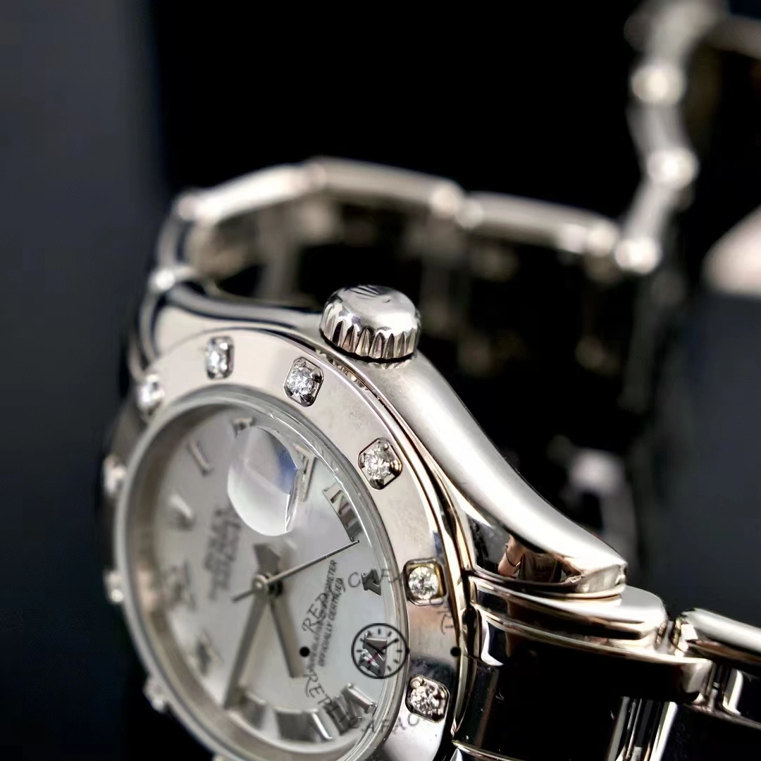 Side view of Rolex Pearlmaster 80319 showing case thickness and diamond bezel edge.