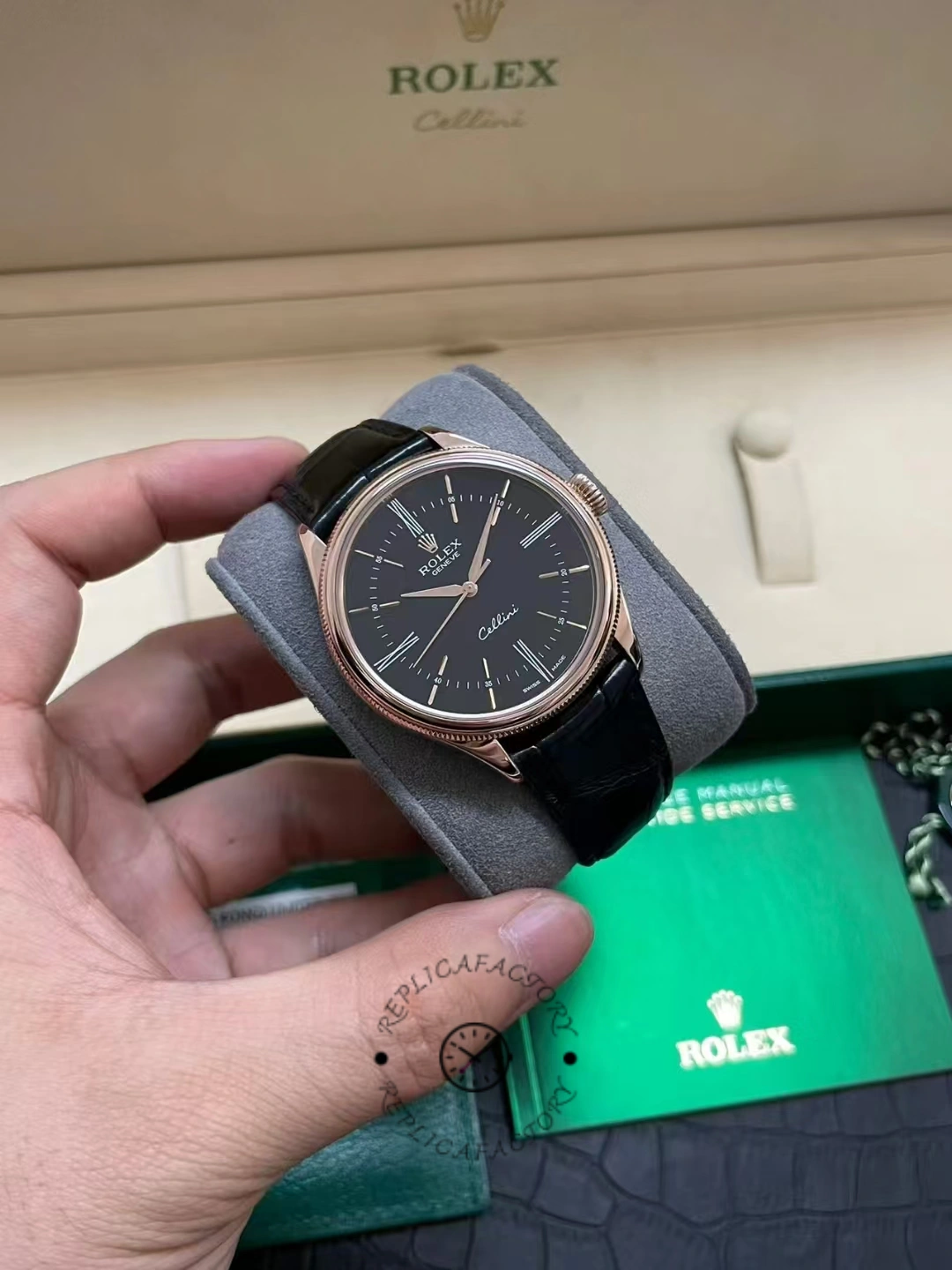 Rolex Cellini Time 50505 Black Leather Strap Black Dial 39mm Mens Replica Watch