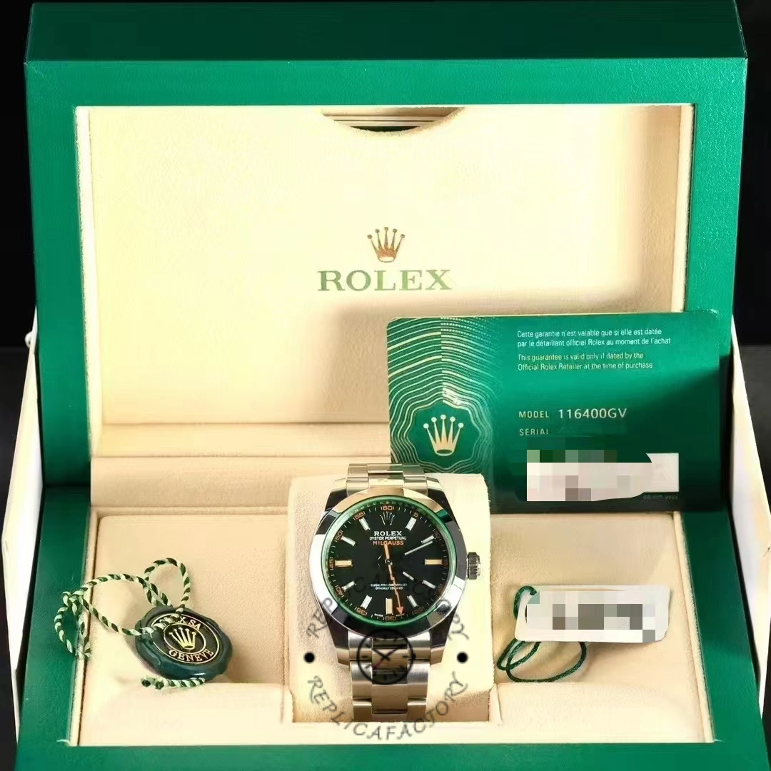 Rolex Milgauss 116400GV, full set photo with watch, box, and cards.