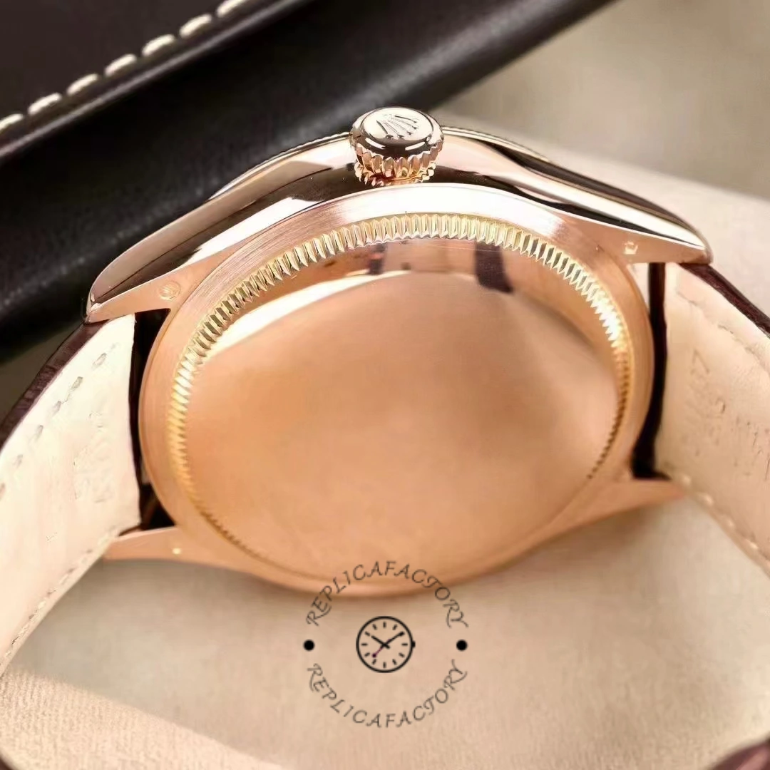 Rolex Cellini Dual Time 50525, caseback view showing polished back and leather strap attachment.