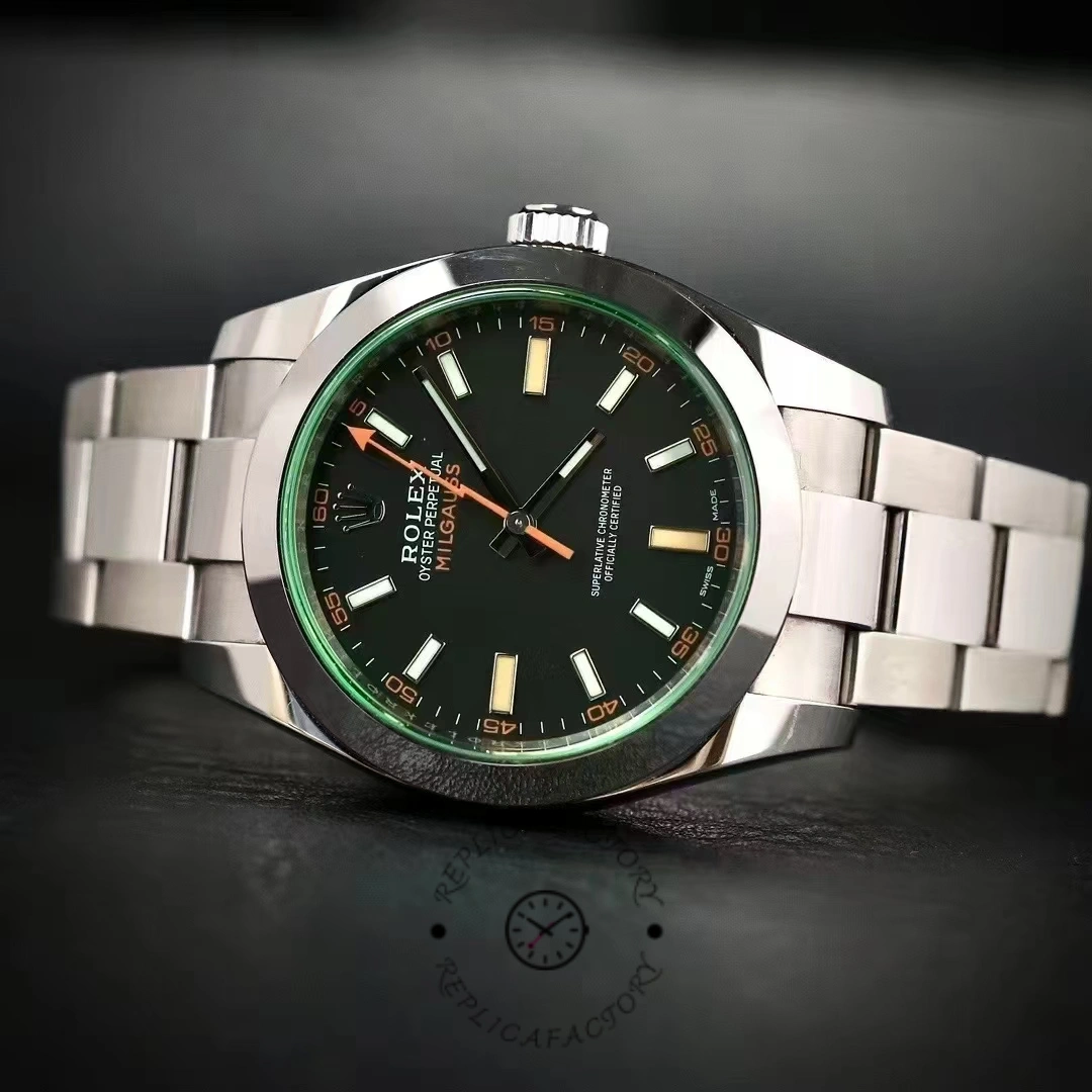 Rolex Milgauss 116400GV, studio shot showing black dial and steel bracelet.