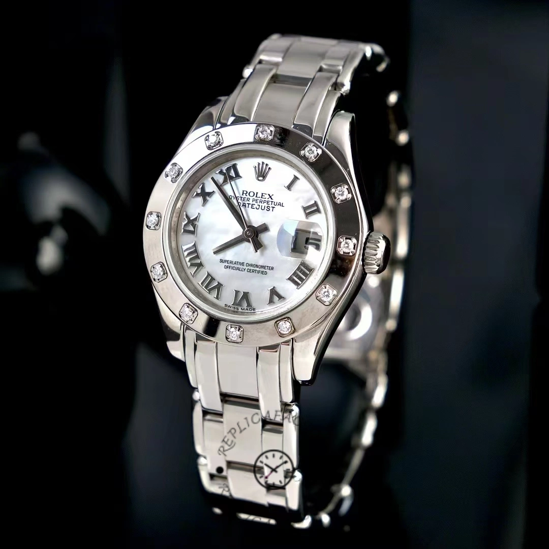 Angled wrist-roll view of Rolex Pearlmaster 80319 highlighting the bracelet and dial.