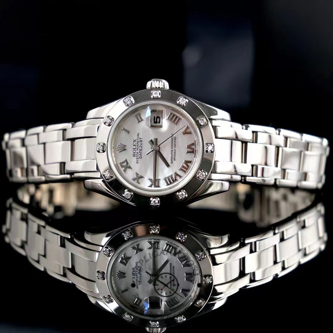 Three-quarter view of Rolex Pearlmaster 80319 showing case shape and diamond bezel.