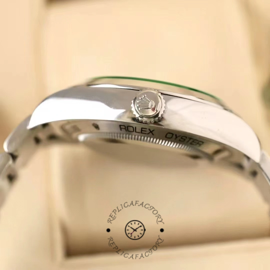 Rolex Milgauss 116400GV, side profile close-up showing crown and bezel edge.