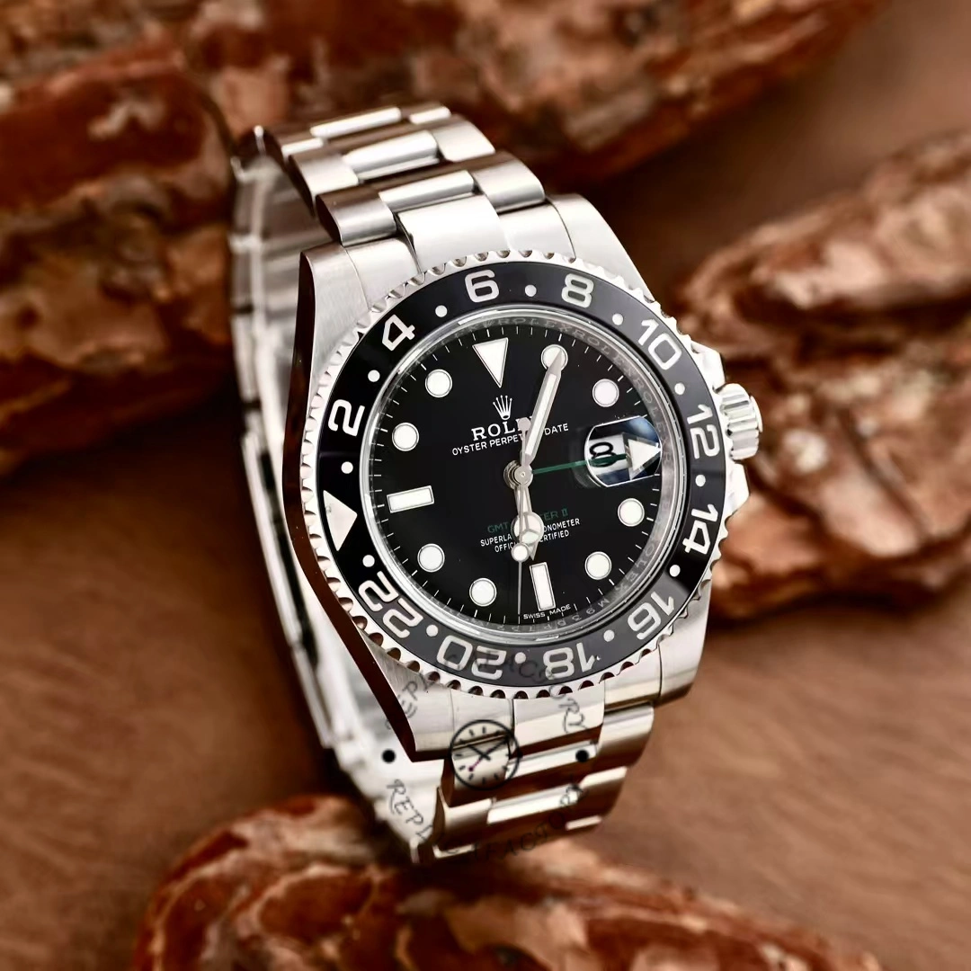 Front on-background view of Rolex GMT-Master II 116710LN, black dial with luminous markers.