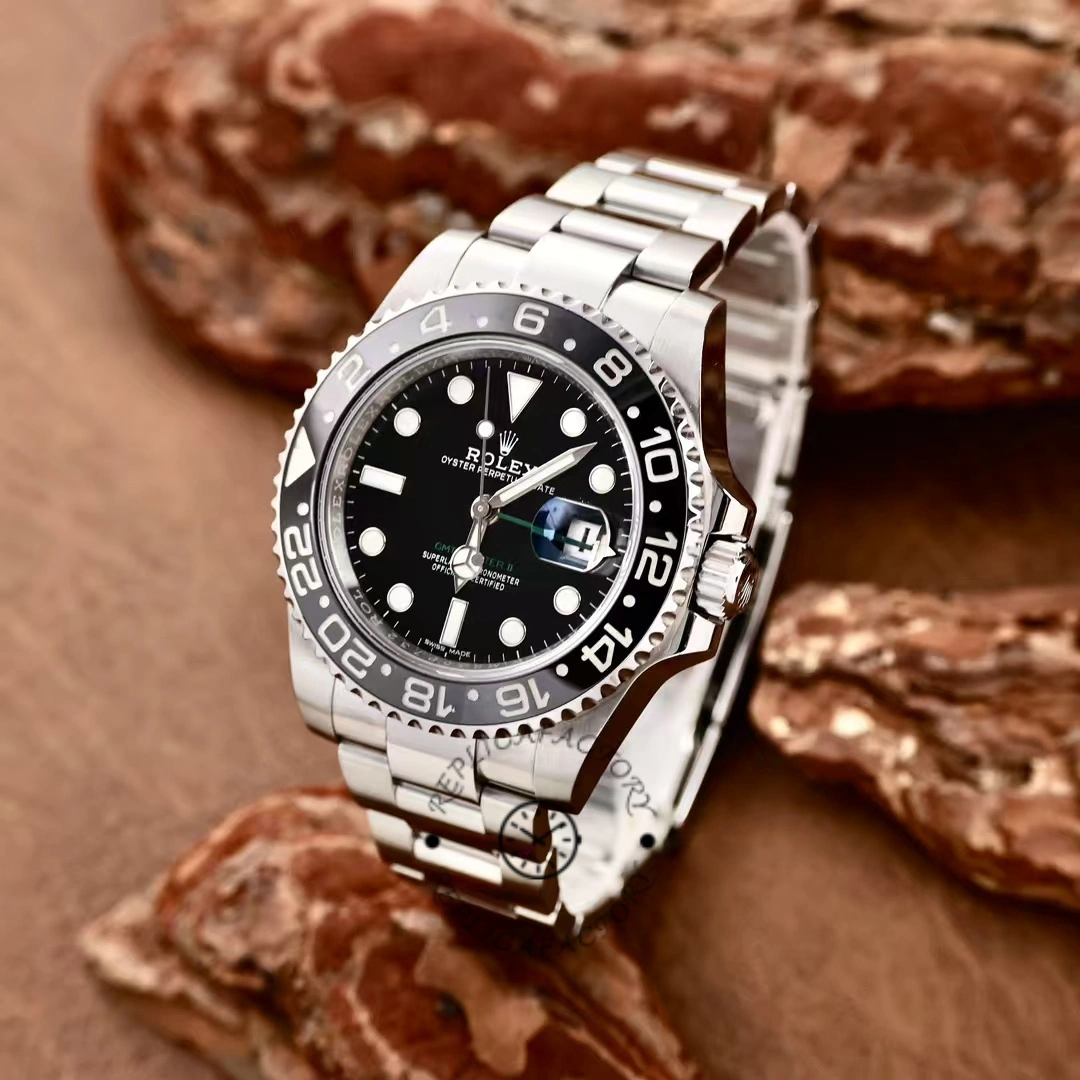 Angled view of Rolex GMT-Master II 116710LN, showing case shape and Oyster bracelet links.