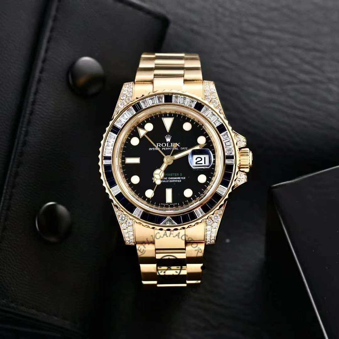 Angled display of the Rolex GMT-Master II 116758 on black background, diamond bezel and black dial.