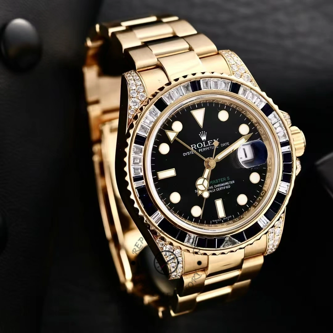 Side-angled view of the Rolex GMT-Master II 116758 showing diamond bezel and gold case.