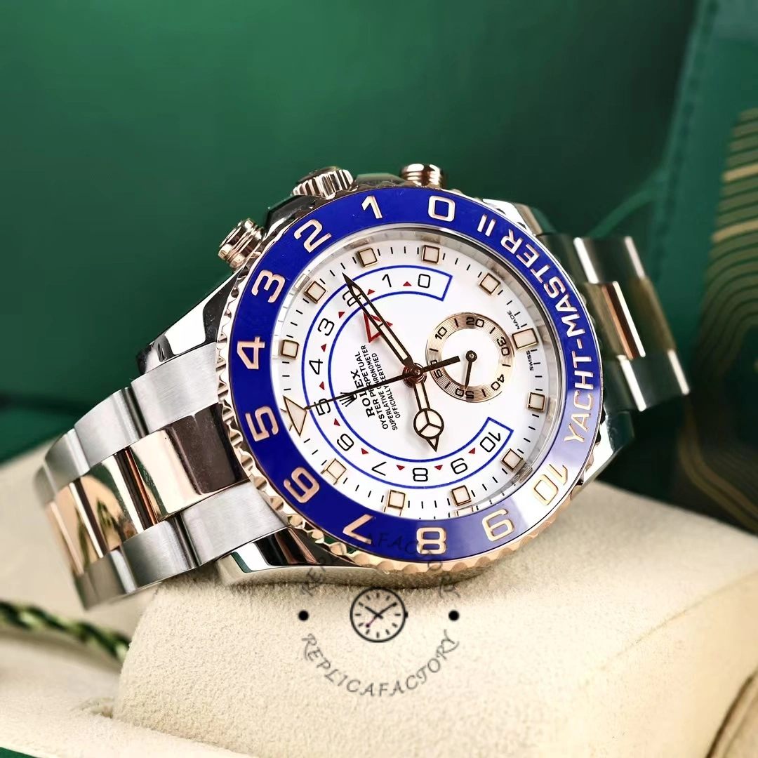 Side-angled view of the Rolex Yacht-Master II 116681 on pillow, bracelet and lugs shown.