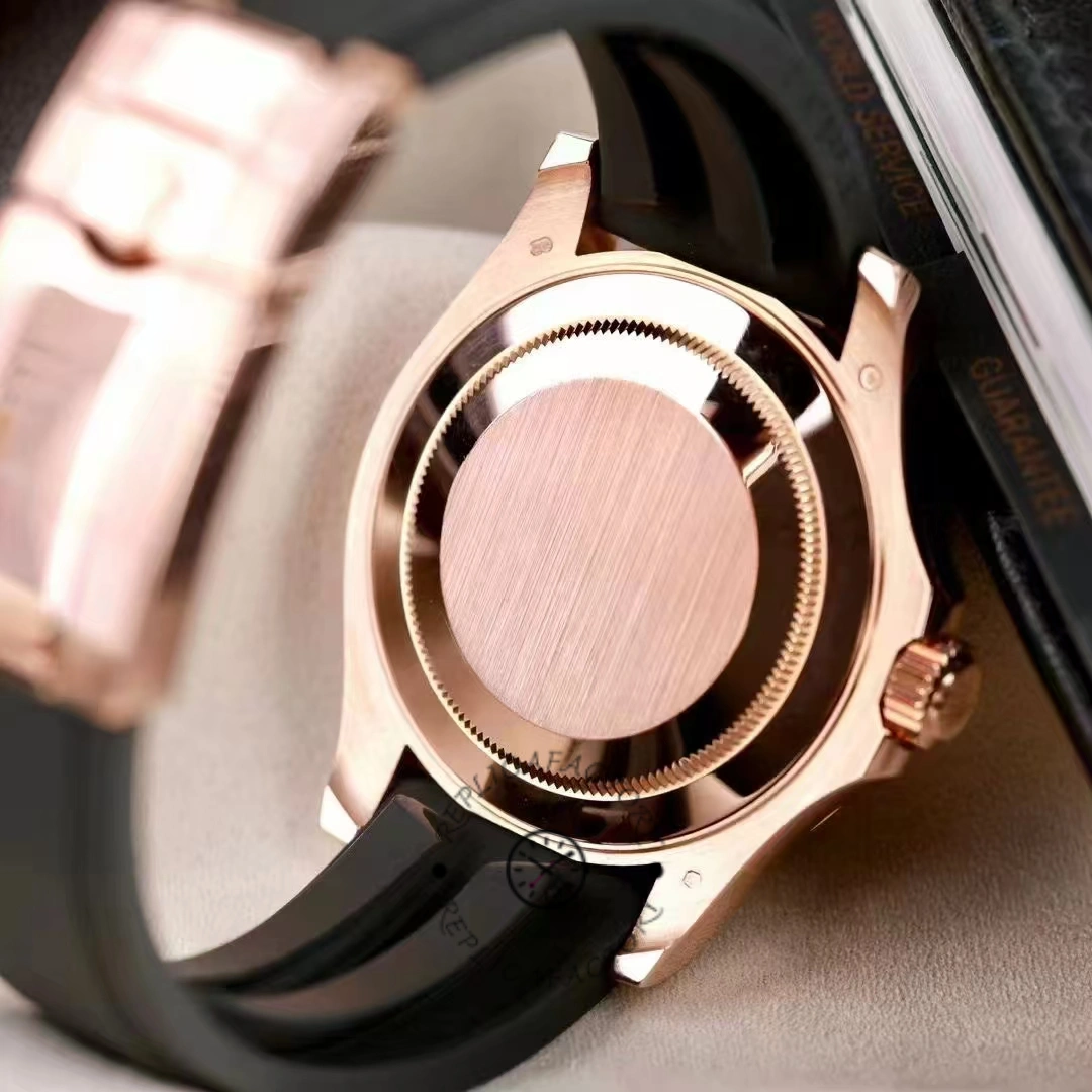 Rolex Yacht-Master 116655, caseback view showing solid back and Everose finish.