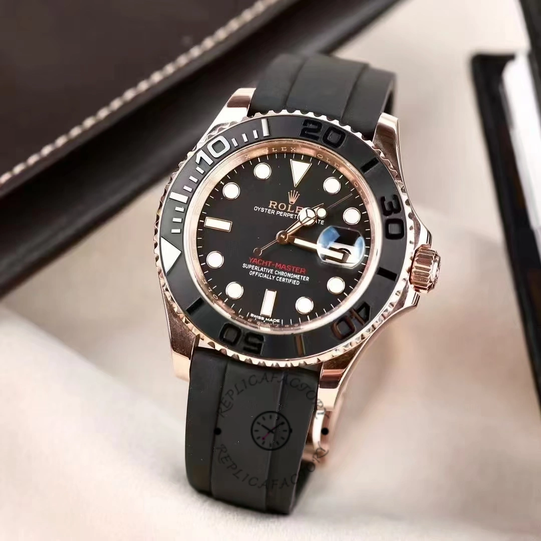 Rolex Yacht-Master 116655, angled front view showing Everose case and Oysterflex strap.
