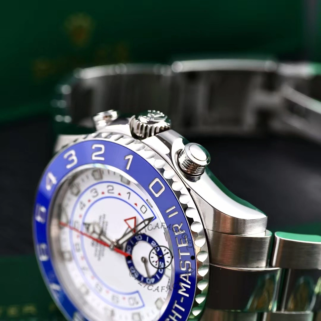 Rolex Yacht-Master II 116680, close-up showing blue bezel edge and dial details.