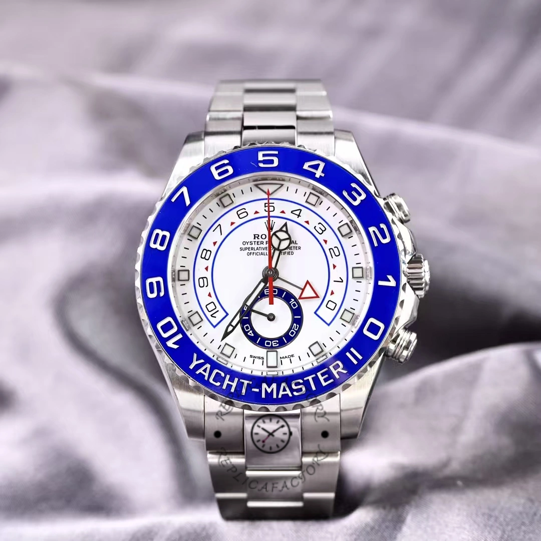 Rolex Yacht-Master II 116680, front view on fabric showing white dial and blue bezel.
