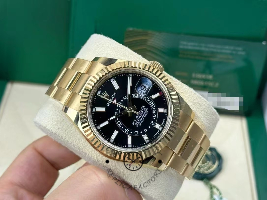 Rolex Sky-Dweller M336938-0002, watch on cushion from another angle, fluted bezel visible.