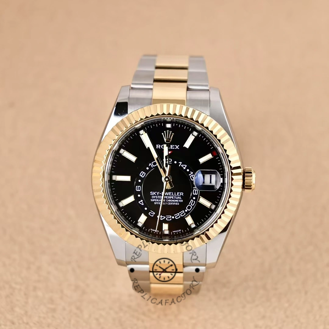Full watch front view of the Rolex Sky-Dweller 326933 showing black dial and two-tone bracelet.