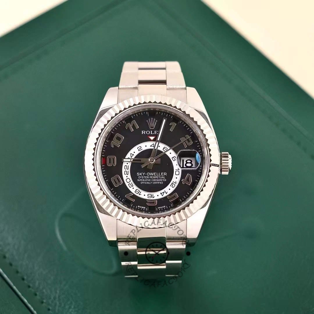 Rolex Sky-Dweller 326939, close view on green surface highlighting the case and bracelet.