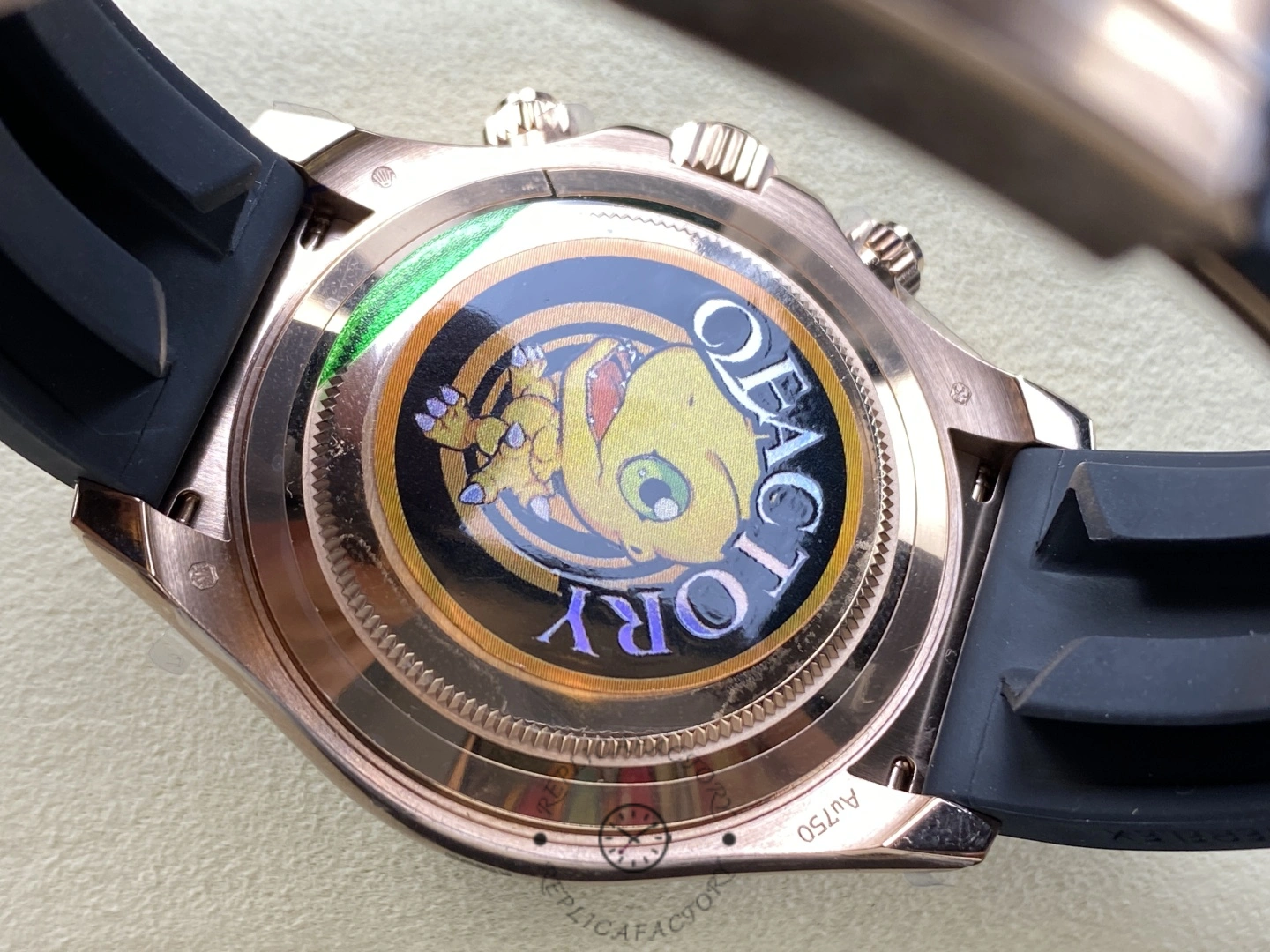 Rolex Daytona 126515LN-0008, exhibition caseback view with decorative rotor detail.