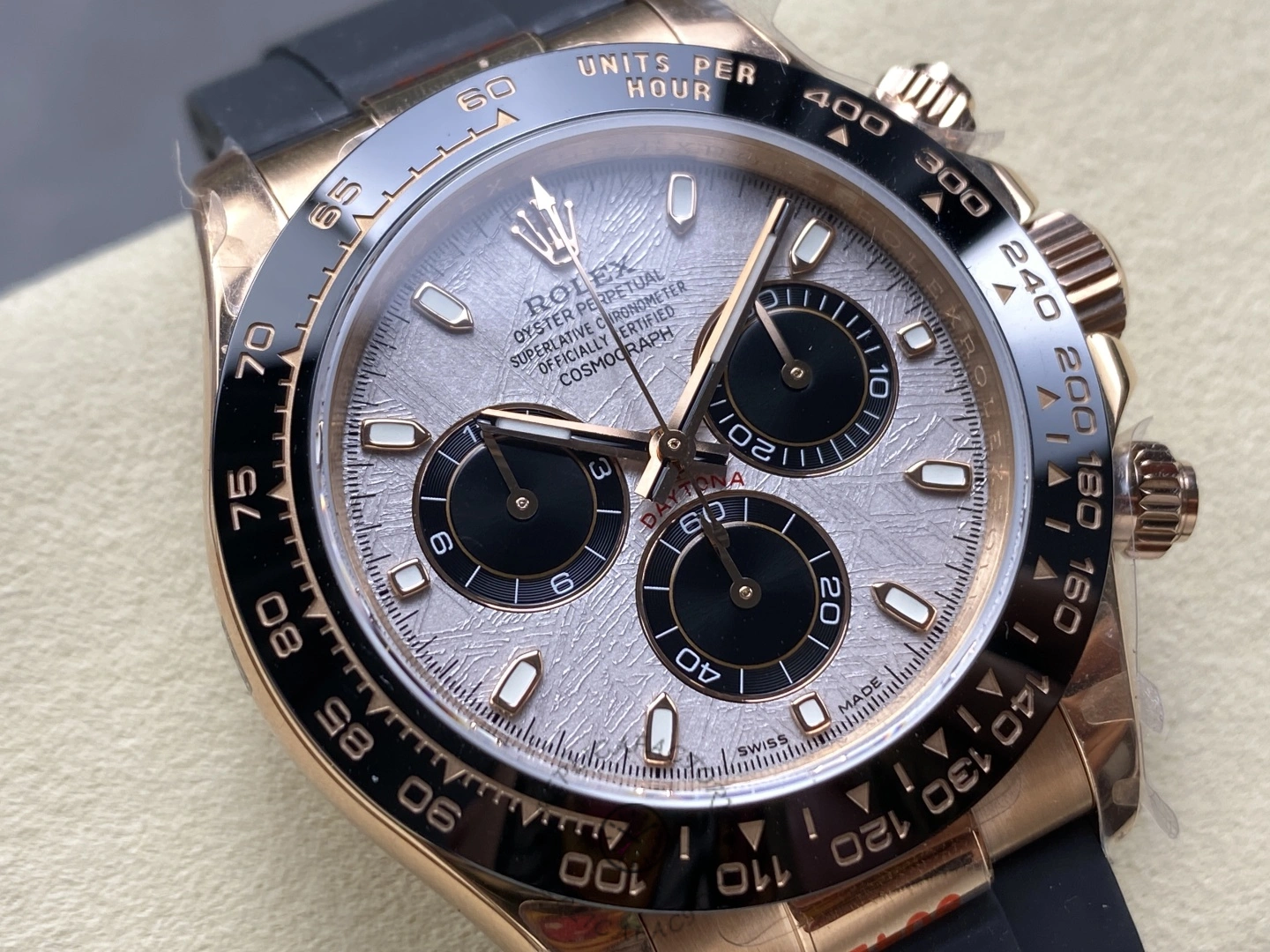 Rolex Daytona 126515LN-0008, close-up of Meteorite dial, black subdials, and tachymeter bezel markings.