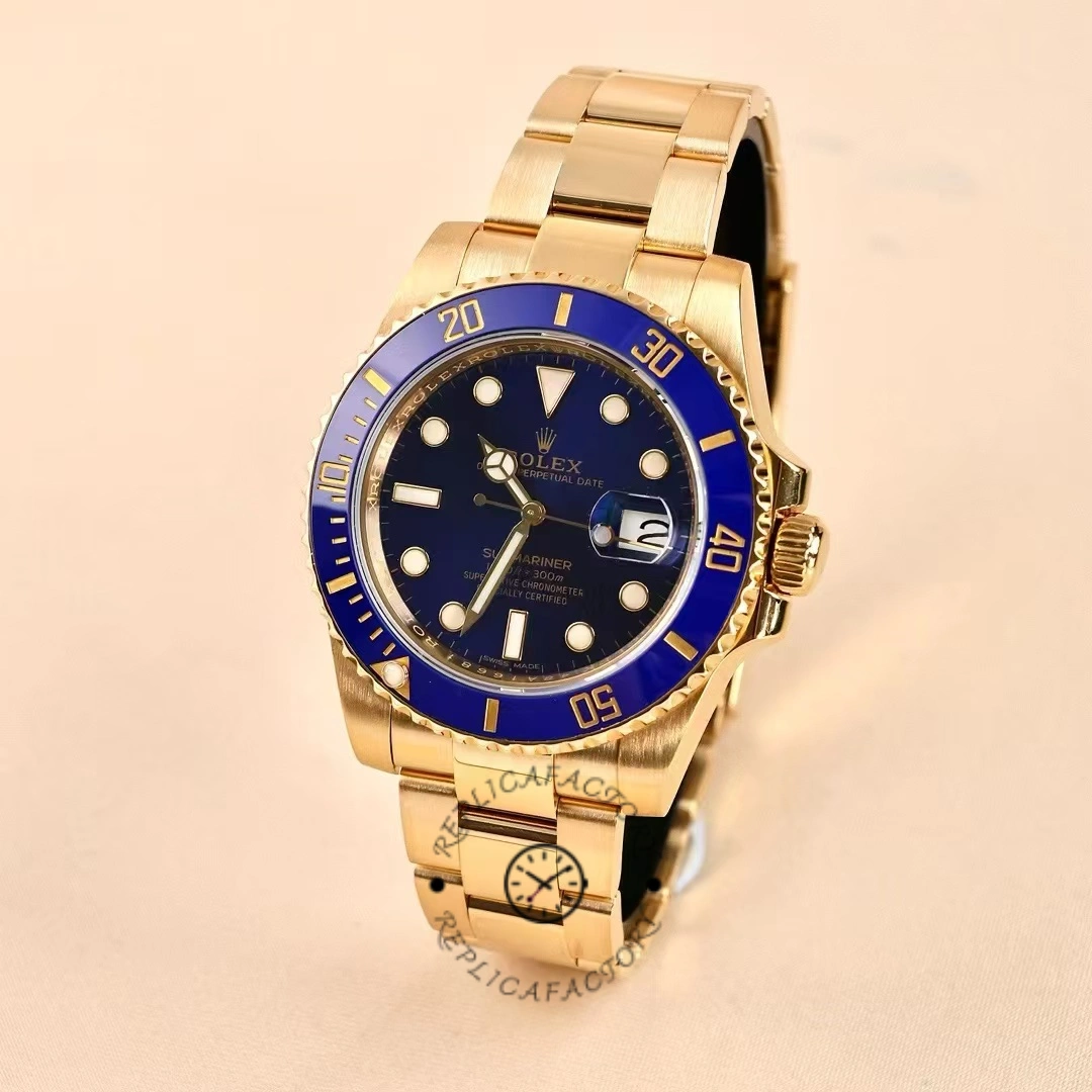 Rolex Submariner 116618, angled front view showing gold case and blue bezel.