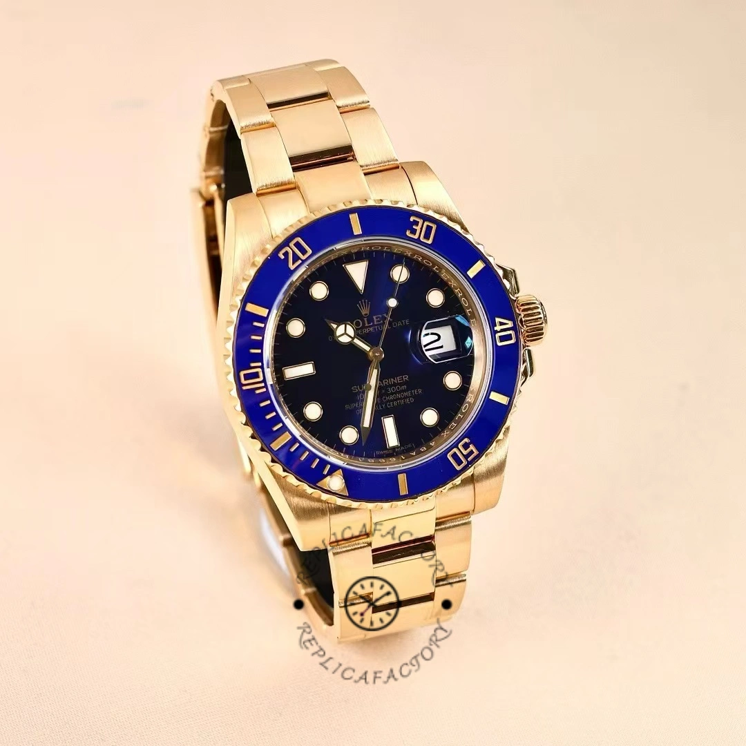 Rolex Submariner 116618, angled view showing gold case and blue bezel.