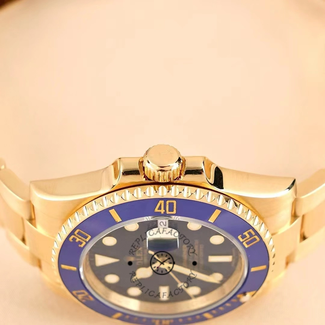 Rolex Submariner 116618, low side profile showing gold crown, bezel height and case shape.