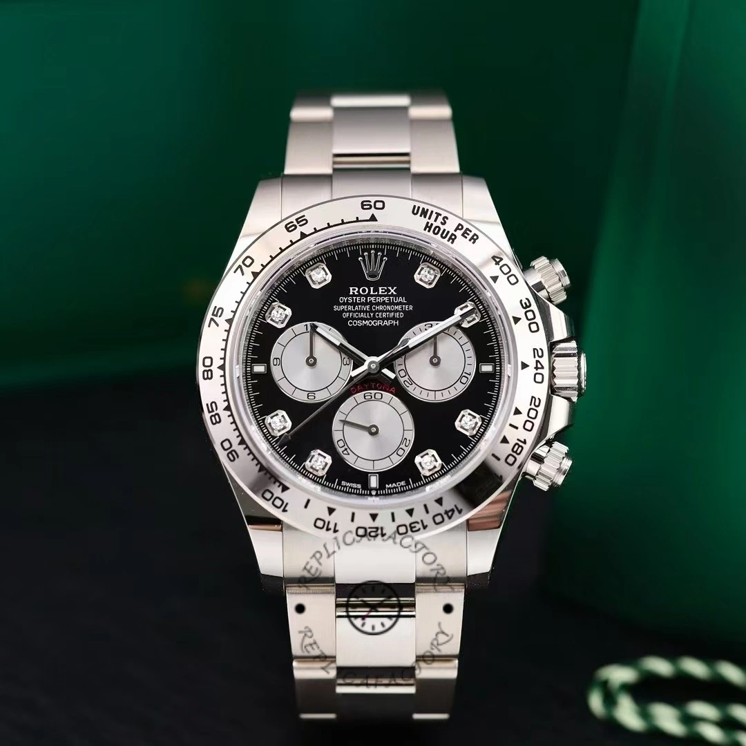 Full watch view of Rolex Cosmograph Daytona 126509-0002 on green background, diamond markers highlighted.
