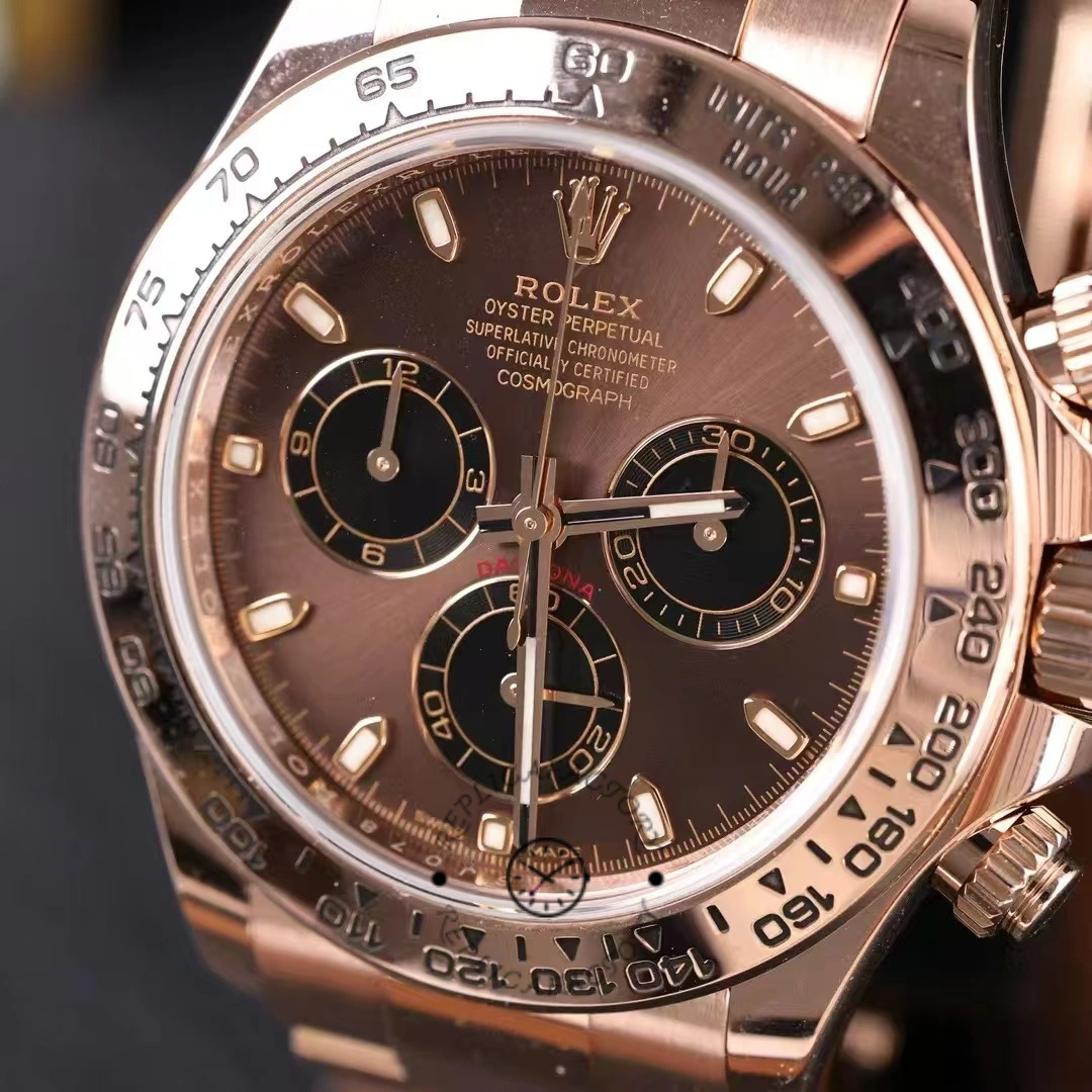 Rolex Daytona 116505 dial close-up, chronograph subdials and minute track clearly visible.