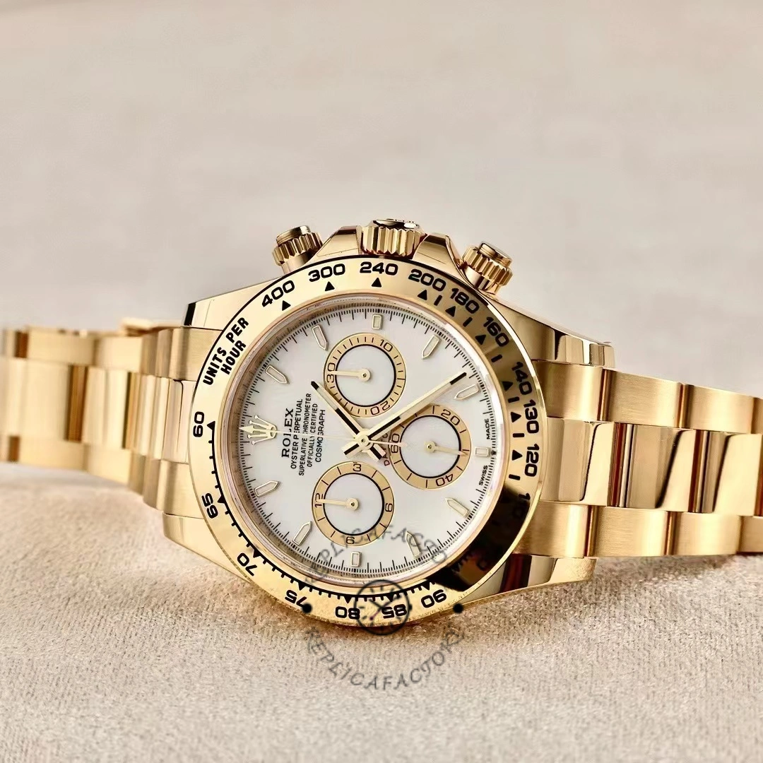 Three-quarter view of Rolex Daytona 126508-0001 highlighting white dial and gold tachymeter bezel.
