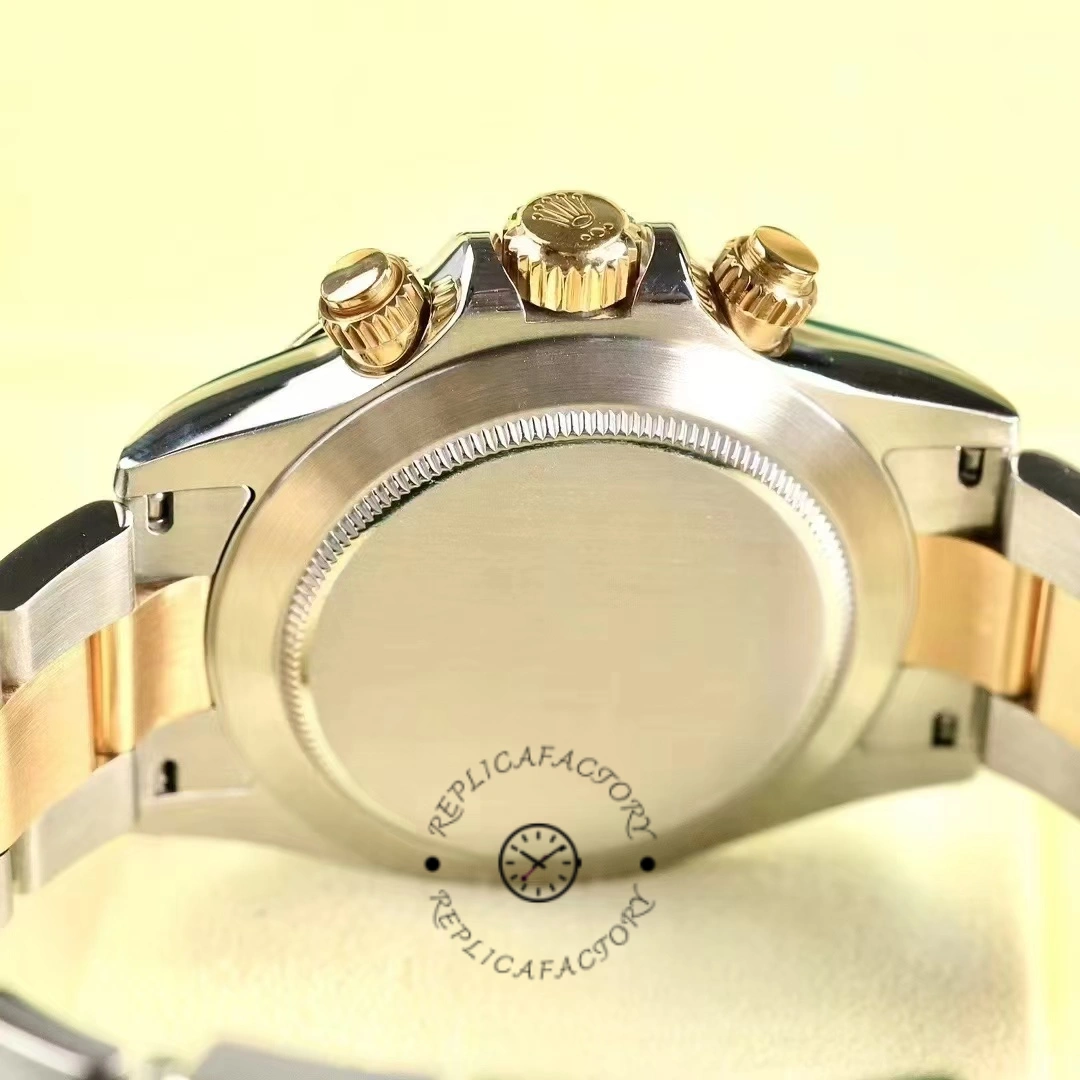 Rolex Daytona 116523 case back view, smooth back and two-tone bracelet shown.